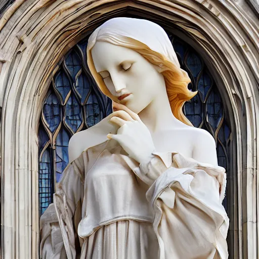 Image similar to architectural shot, no decaying lines, alabaster gothic cathedral, gothic sapphire female statue, intricate arabesque detailed silk dressed, macro head face