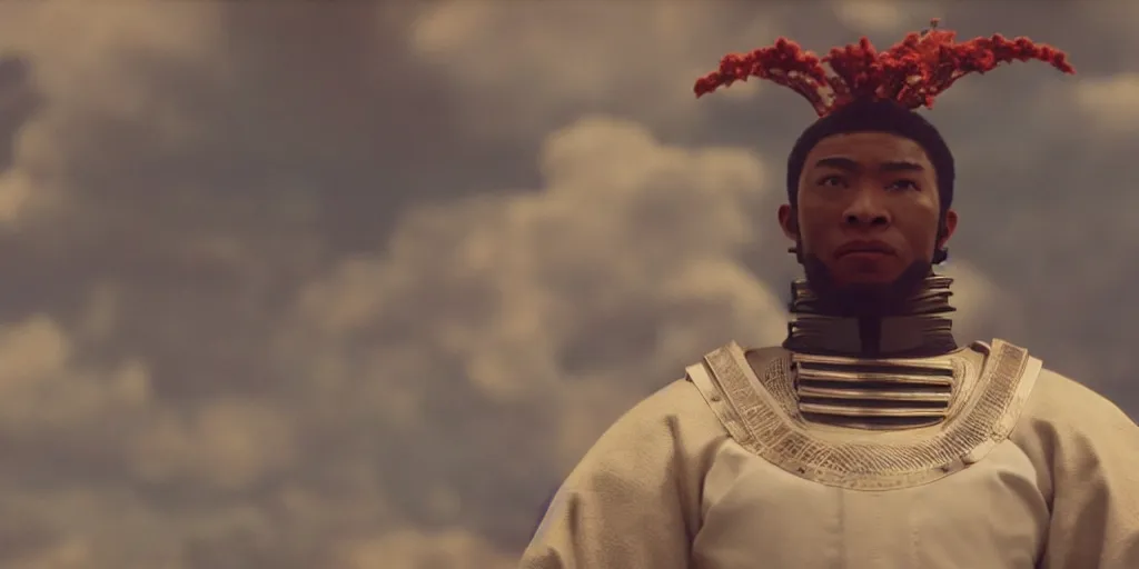 Prompt: a film still of a light skinned black man starring as an ancient samurai flying in a futuristic spacecraft, japanese blockbuster film, the sky is red, shallow depth of field, cinematic, award winning cgi, vfx, film still