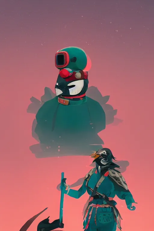 Image similar to female adventurer in tight full - body teal leather armor of japanese design with red accents and a white porcelain crow mask, trending in artstation, japanese, by simon stalenhag, establishing shot