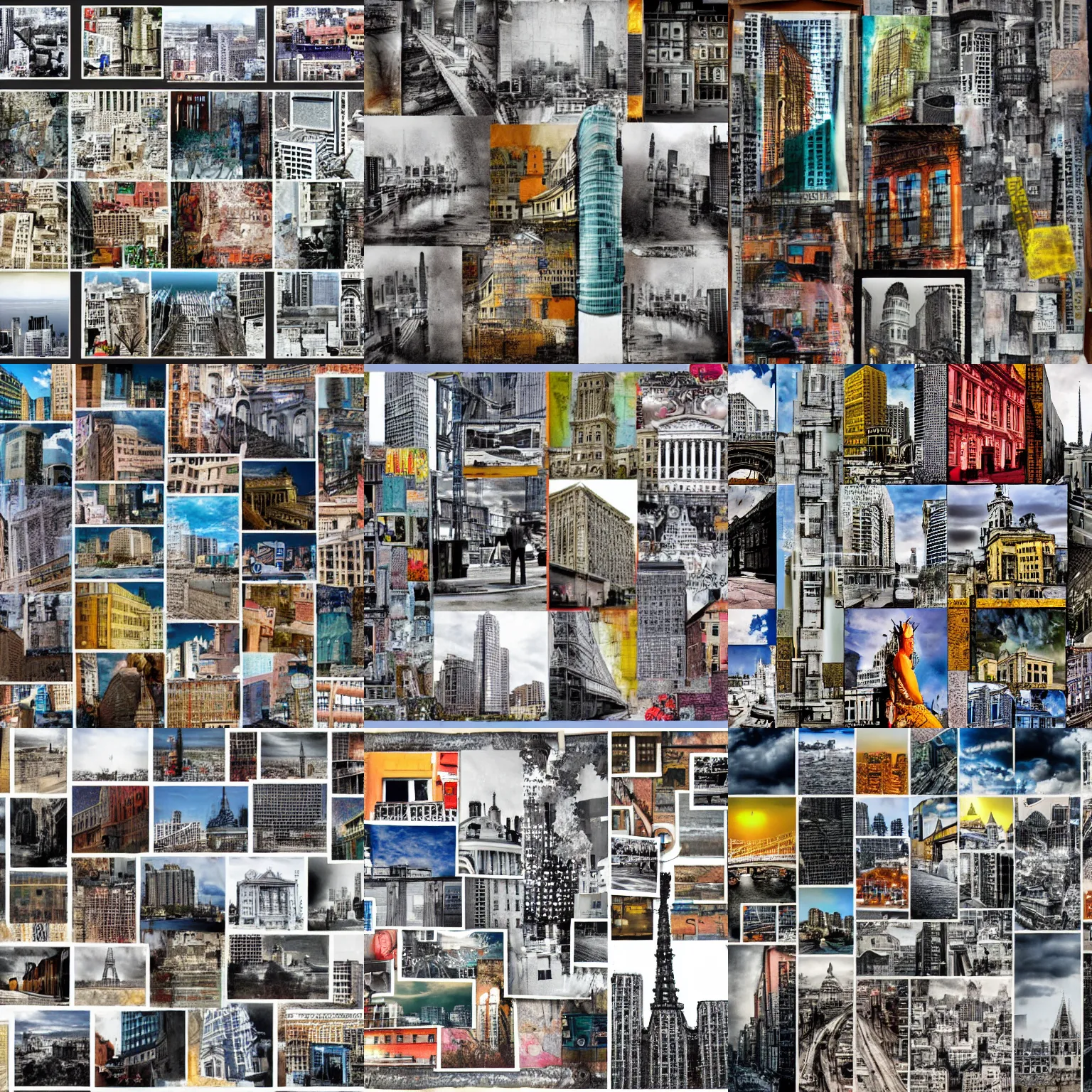 Prompt: mixed media collage of photos of a city