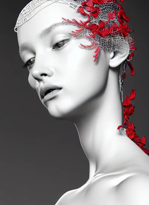 Prompt: complex 3d render ultra detailed of a beautiful porcelain profile young woman face, biomechanical cyborg, 200 mm lens, beautiful studio soft light, rim light, silver white gold red details, magnolia big leaves monochromatic and stems, roots, fine foliage lace, mesh wire, Alexander Mcqueen high fashion haute couture, art nouveau fashion embroidered, intricate details, hyper realistic, ultra detailed, mandelbrot fractal, anatomical, facial muscles, cable wires, microchip, elegant, octane render, H.R. Giger style, volumetric lighting, 8k post-production, trending on Artstation