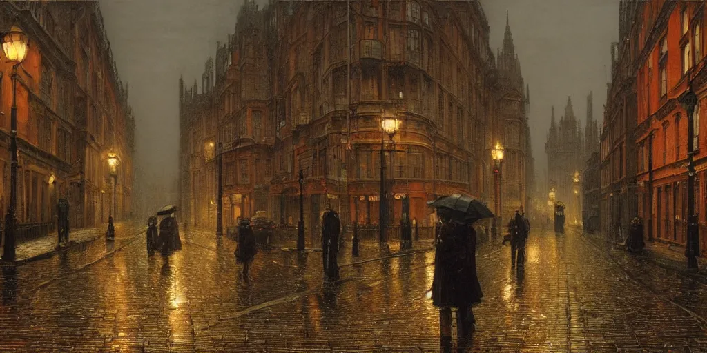 Prompt: Victorian city street on a rainy day in London, evening, low angle view, detailed matte painting, cinematic, John Atkinson Grimshaw, Artstation