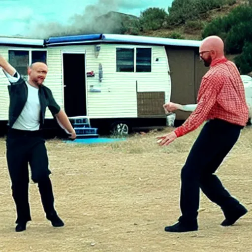 Prompt: jesse pinkman and walter white dancing on top of a caravan