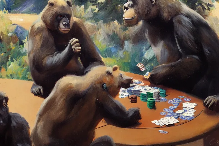 Image similar to 2 animals, gorrila, bear, playing poker highly detailed beautiful, by gregory manchess, james gurney, james jean