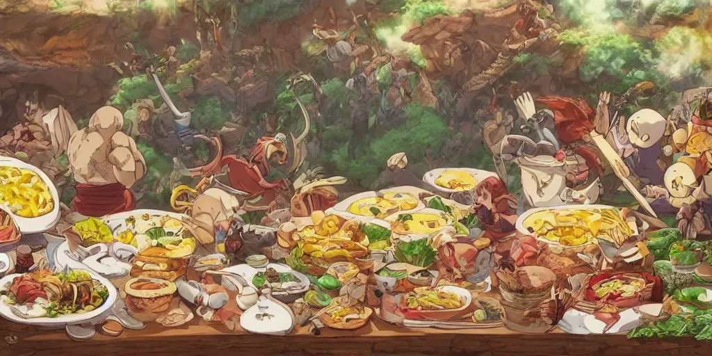 Prompt: A feast for the Dragonwarrior 9 group, very detailed, anime, Delicious, Plump, Juicy, Hot Food, large white border, hd, 8k, Unreal Engine 5, high resolution print :1 by Hayao Miyazaki, Nausicaa, studio Ghibli style, Anime wallpaper, cell shading, trending on deviant art :1