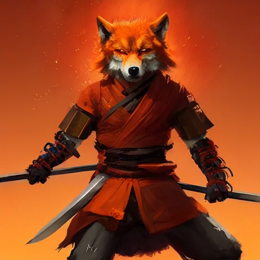 Image similar to commission portrait of a orange wolf dressed as a samurai holding a katana,dramatic,character design by charles bowater,greg rutkowski,ross tran,hyperdetailed,hyperrealistic,4k,deviantart,artstation,professional photography,concept art