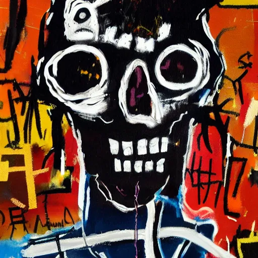 Image similar to Gritty splattered punk painting of the anatomy of a mad scientist & skeleton, painted by Basquiat. Dark background. Black background. award winning painting. Trending on artstation and behance.