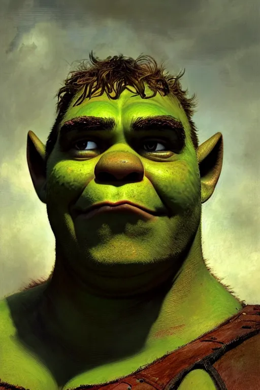 Image similar to a half body portrait of shrek, high detail, cleary see face, by gaston bussiere, bayard wu, greg rutkowski, odd nerdrum, maxim verehin, dan dos santos, masterpiece, sharp focus, cinematic lightning