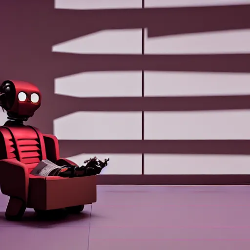 Image similar to futuristic studious matte brown and red full-body humanoid robot with two huge round expressive sad purple glowing LED eyes and open rectangular mouth sitting on a large comfortable cushioned 1950s vintage recliner reading a newspaper. open newspaper. Cinematic Movie Photograph, Arri Alexa, Extremely Detailed, smooth, very very clean, 8K, octane render, maya render, unreal engine, trending on artstation, DSLR, excellent composition, center frame