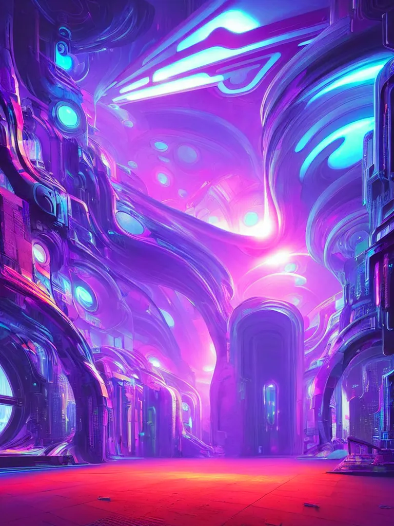 Image similar to entrance to mainframe ethereal realm, ai sentient, octane render, central composition, symmetrical composition, dreamy colorful cyberpunk colors, 6 point perspective, fantasy landscape with anthropomorphic terrain in the styles of igor morski, jim warren and rob gonsalves, intricate, hyperrealistic, volumetric lighting, neon ambiance, distinct horizon