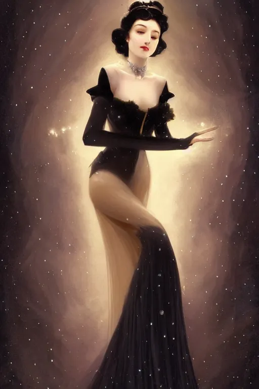 Prompt: Nocturne, glowing, stars, a long-legged elegant sultry woman, long black hair, pearl choker, snow white, highly detailed, mysterious, ethereal, dressed in black velvet, haute couture, illustration, dramatic lighting, soft details, painting, by Edmund Blair Leighton, Brom, Charlie Bowater, trending on artstation, faces by otto schmidt