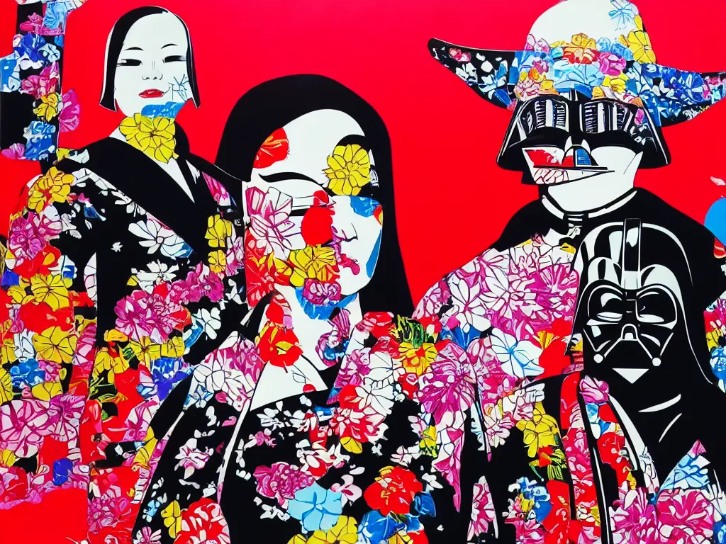 Prompt: hyperrealistic composition, in the middle a woman in a japanese kimono, behind her stands darth vader, in front of her a table from the casino, in the background is mount fuji and fireworks, pop - art style, jacky tsai style, andy warhol style, acrylic on canvas