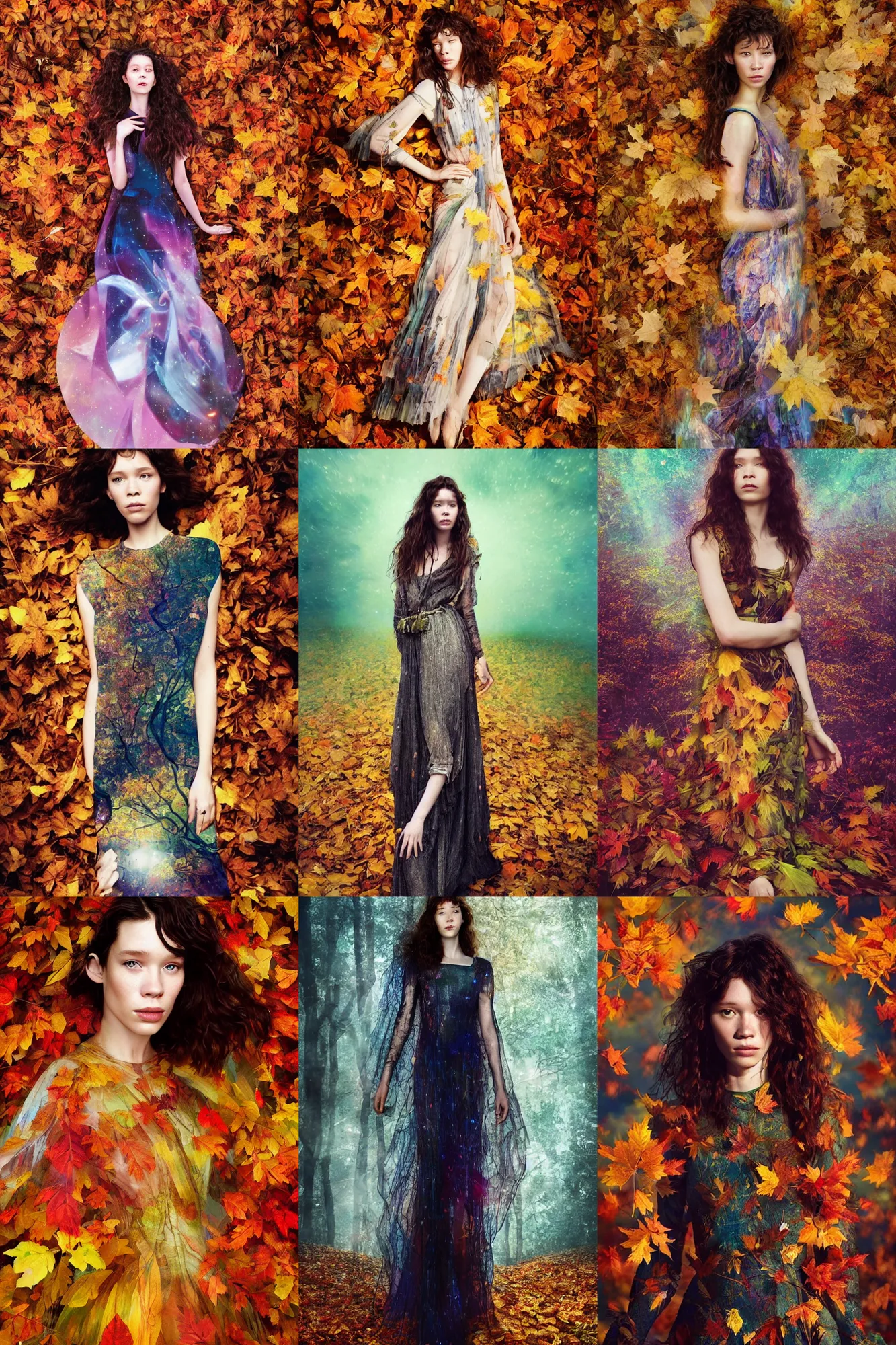 Prompt: masterwork full body portrait of astrid berges frisbey. digital illustration. wearing a dress made out of space. resting on a background of autumn leaves. fluid, dreamy, ethereal, vivid colours. sharp focus. highly detailed face. wow! digital art. cinematic lighting.