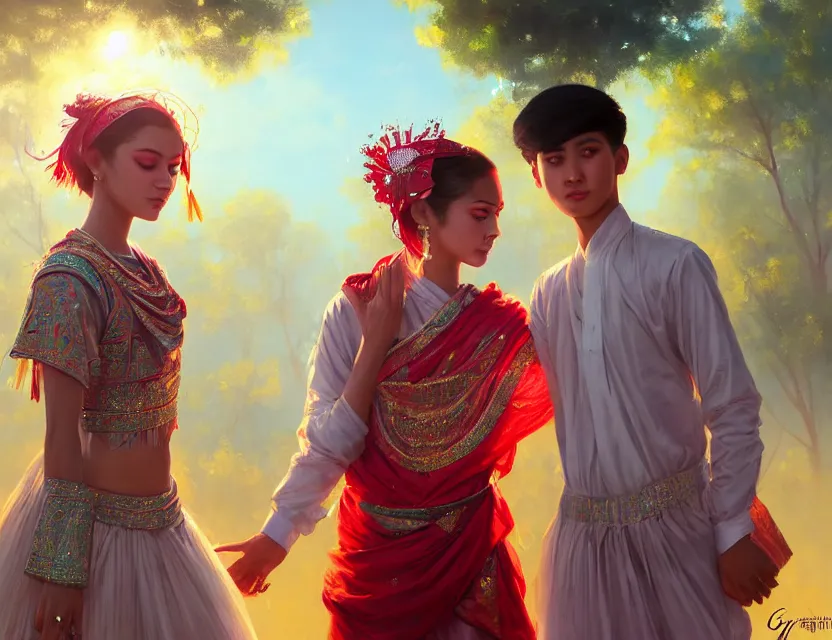 Image similar to a beautiful fashion big eye girl wear flashy dress and a handsome boy wear traditional outfits in festival | | sunny, dreamlike art, mist, realistic shaded, smile, good looking, fine details, 4 k realistic, cryengine, realistic shaded lighting poster by greg rutkowski, magali villeneuve, artgerm, jeremy lipkin and michael garmash and rob rey