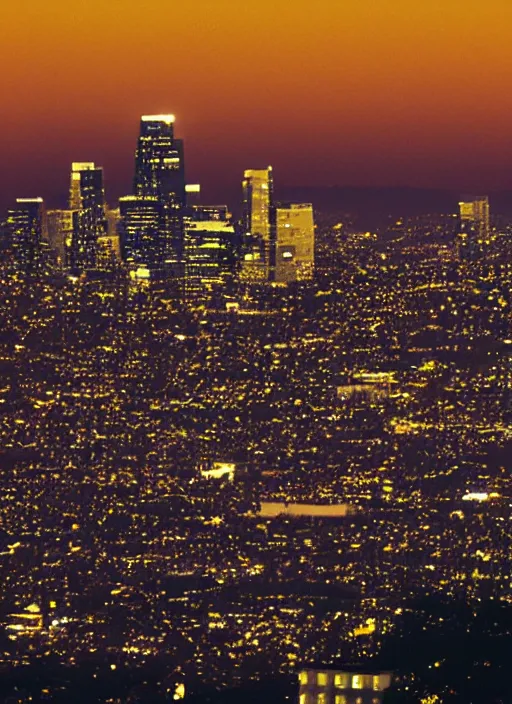 Prompt: the moon hangs low in the sky over downtown los angeles, dusk, photography, cinematic, tarantino, 7 0 mm film