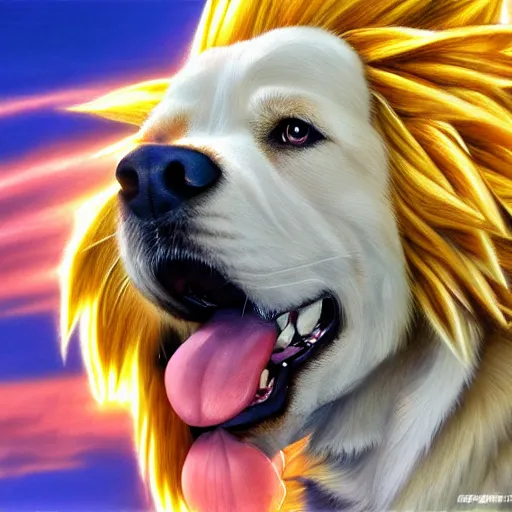 Image similar to ultra realistic portrait painting of a golden retriever as super saiyan goku, art by akira toriyama, 4 k, dragon ball artstyle, cel shaded, highly detailed, epic lighting