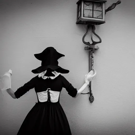 Image similar to A plague doctor wearing a french maid dress, security camera photo, 4k, black and white, ghostly, dark