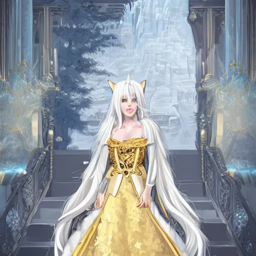 Image similar to commissioned full body portrait of a female anthro wolf princess fursona with white hair wearing a white and gold dress in a white and gold palace, by Wlop and jerry park, artstation, detailed