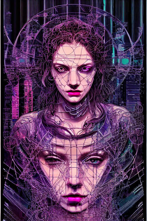 Image similar to dreamy cyberpunk girl, abstract mirrors, digital nodes, beautiful woman, detailed acrylic, grunge, intricate complexity, by dan mumford and by alberto giacometti, arthur rackham