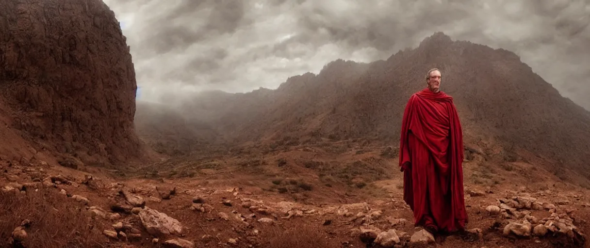 Image similar to the end is near. a tired and exhausted julius caesar somewhere in the atlas mountains. face is highly detailed. splices of red are running down his toga. mist. the soil is red. strong winds. dramatic sky. low angle wide shot. atmospheric. global illumination. concept art. imagined by jeremy lipking, greg rutkowski and eddie mendoza.