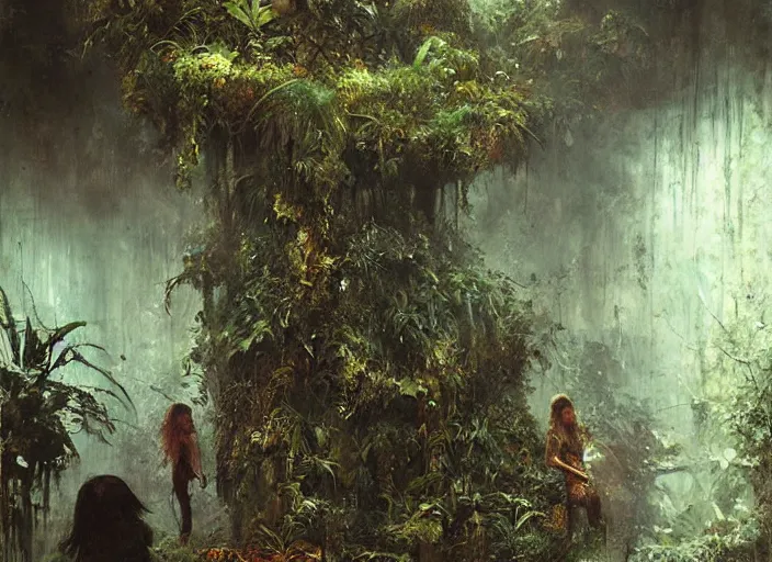 Prompt: interior shot of a lush jungle with two steam punk explorers navigating the harsh terrain, masterpiece, painterly, art by artem demura, emotion,