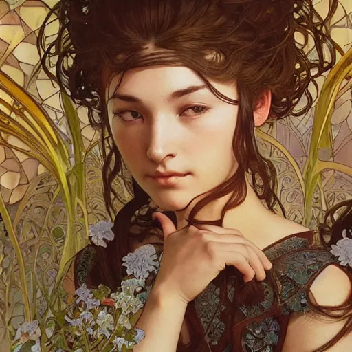 Prompt: lyanna stark zen, minimalist, sunny environment, highly detailed, realistic, up close shot shinji aramaki, karol bak, alphonse mucha