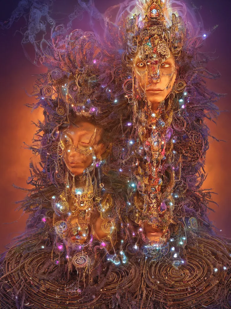 Prompt: an ancient mystical alluring tribal elder wearing an intricate head dress of feathers and jewels generating flowing energy and surrounded by wisps of incense smoke sits meditating in a cybernetic robot temple, face face face, by justin gerard and android jones, 3 d, cinema 4 d render, trending on artstation, 8 k