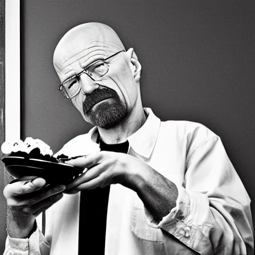 Prompt: walter white holding an ice cream sundae, sharp focus