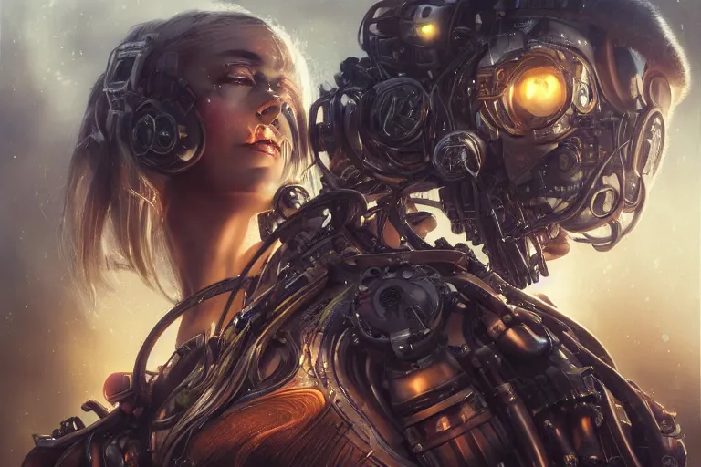 Image similar to a centered photo of the most complicated and technical musical studio equipment being played by a mystical post apocalyptic cyborg, powerful, cinematic, beautifully lit, by artgerm, by karol bak, 3 d, perfect face and body, trending on artstation, octane render, 8 k