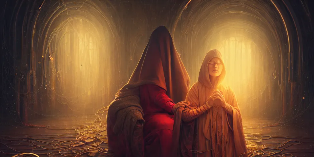 Image similar to old hooded woman weaving the strings of the multiverse, dramatic, highly detailed, high quality, 8 k, 4 k, octane render, digital painting, alena aenami, lilia alvarado, shinji aramaki, karol bak, alphonse mucha, tom bagshaw