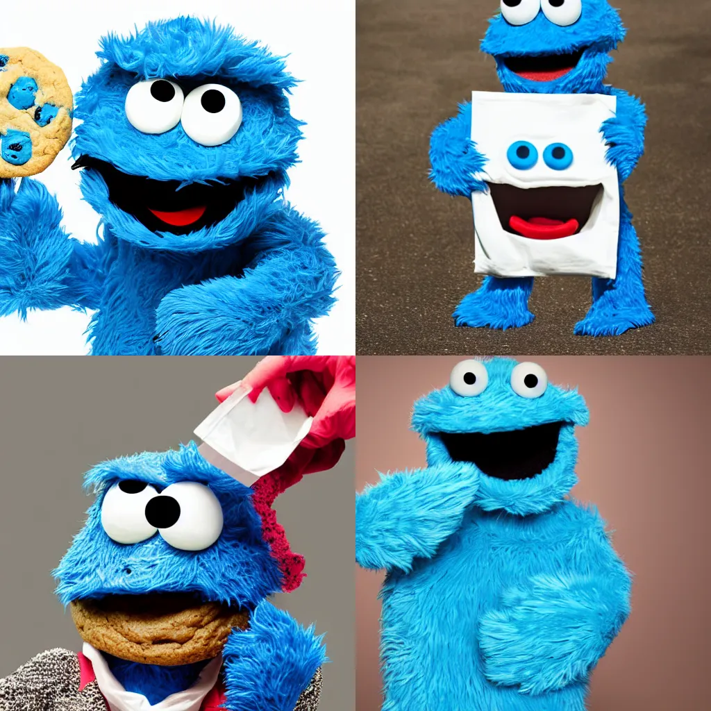 Prompt: cookie monster holding a bag of white powder