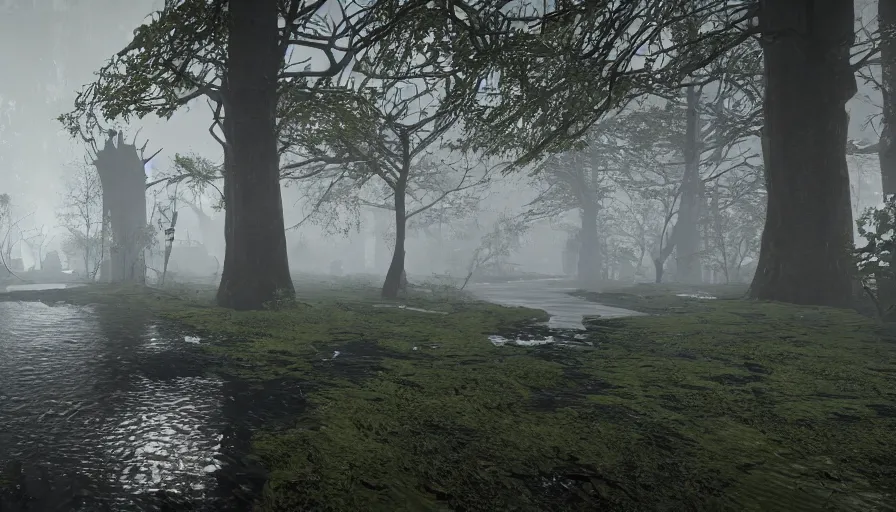 Image similar to dark, misty, foggy, dank, green, muddy, bog, marsh, flooded chicago city street swamp in destiny 2, liminal creepy, dark, dystopian, abandoned, highly detailed 4 k in - game destiny 2 screenshot gameplay showcase