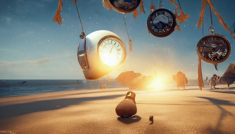 Image similar to melting clocks hanging out to dry on the beach, 8 k ultra realistic, lens flare, atmosphere, glow, detailed, intricate, full of colour, cinematic lighting, trending on artstation, 4 k, hyperrealistic, focused, extreme details, unreal engine 5, cinematic, masterpiece