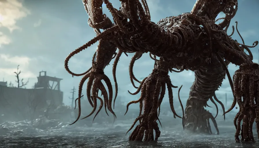 Image similar to closeup fallout 4 character screenshot of a humanoid kraken, enb, ambient occlusion, subsurface scattering, solo, 4 k, bokeh, beautiful, detailed