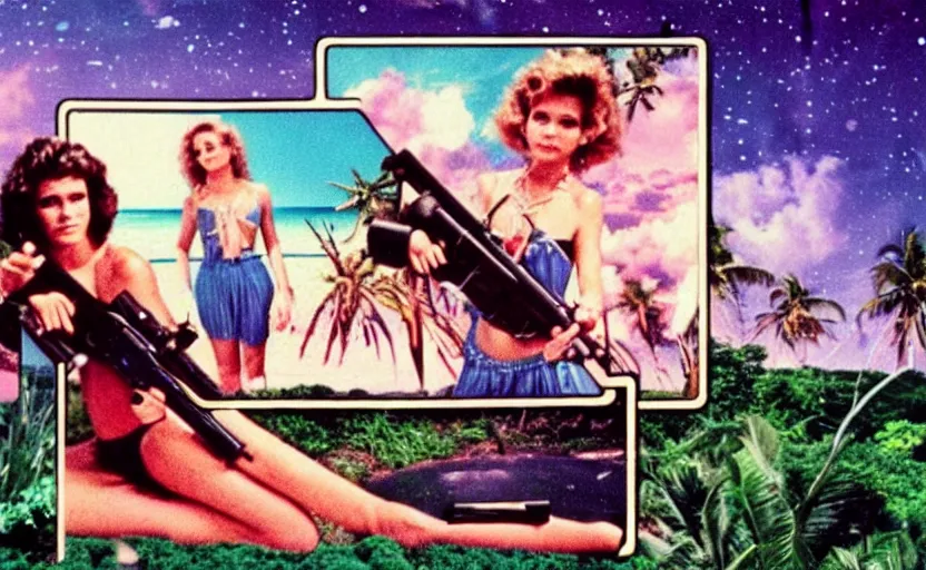 Image similar to 1 9 8 6 vintage movie screencap of a girl with a gun on a narco mansion, gucci clothes, night sky, beach and tropical vegetation on the background major arcana sky and occult symbols, 1 9 8 6 photo