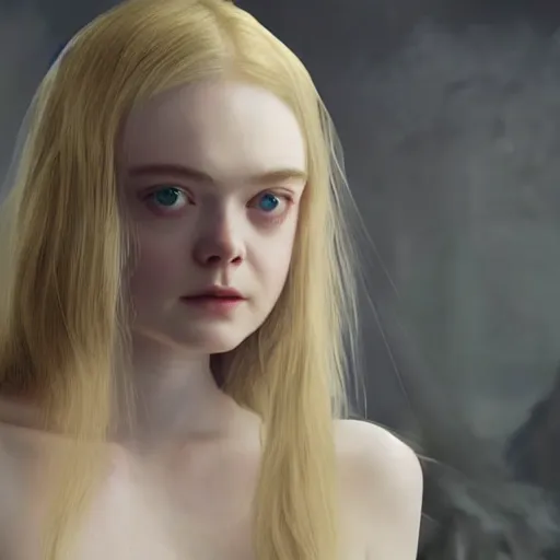 Image similar to oil Painting of Elle Fanning in Dark Souls opening an orange Oblivion portal, long blonde hair, delicate, pale milky white porcelain skin. 8K. Extremely detailed.