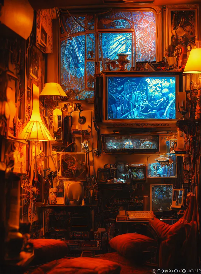 Prompt: telephoto 7 0 mm f / 2. 8 iso 2 0 0 photograph depicting the feeling of chrysalism in a cosy cluttered french sci - fi art nouveau cyberpunk apartment in a dreamstate art cinema style. ( ( computer screens ( ( ( fish tank ) ) ) ) ), ambient light.