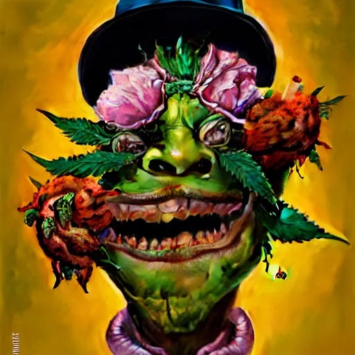 Prompt: grotesque marijuana laughing monster made buy flowers, by rutkowski and giuseppe arcimboldo, james jean and erik jones and rhads, ultradetailed, photorealistic details, full frame, trending artstation