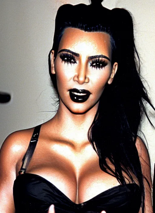 Image similar to candid photo of kim kardashian as a gothic vampire in the 1990s