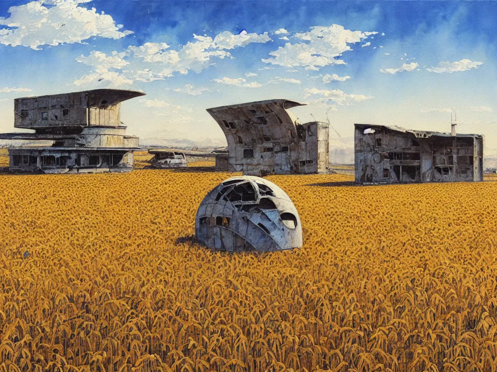 Image similar to A fantastic painting of a dilapidated post-modern building on a wheat field with an abandoned spaceship parked on the roof of the building, by Robert McCall, Trending on artstation, very detailed