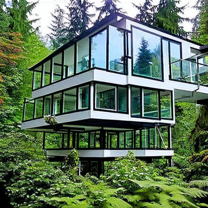 Prompt: glass house on stilts in the jungle at 2875 adanac.st vanvcouver,british columbia,canada