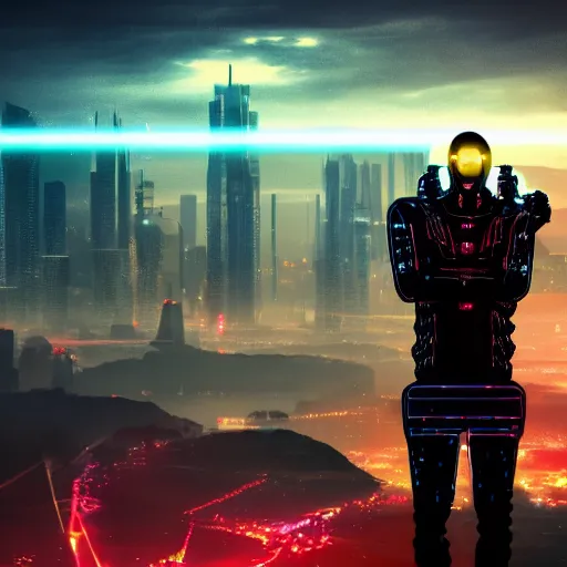 Image similar to cyberpunk man that is half a robot in half a human flesh his left eye is a red glowy eyes it's made of metal the man is holding a laser gun standing on a mountain the background is is a cyberpunk city the weather is raining