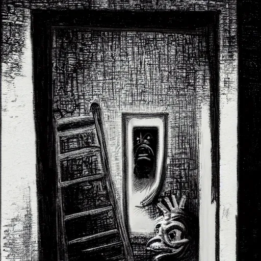 Image similar to Ted Cruz with a wide grin wielding a chainsaw peaking through a door in the distance at the end of a narrow corridor, black and white, creepy lighting, scary, horror, ornate, eerie, fear, oil painting