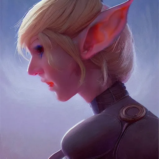 Image similar to a painting of an female elf wearing a skintight dress with blonde hair red eyes. by edward robert hughes and craig davison and tooth wu and wlop and beeple and greg rutkowski. trending on artstation, highly detailed, volumetric lightning