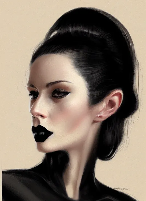 Prompt: portrait of a woman with a broad nose and a confident expression, 1 9 6 0 s, black clothes, goth, punk, funk, intricate, elegant, highly detailed, digital painting, artstation, concept art, smooth, sharp focus, illustration, art by wlop, mars ravelo and greg rutkowski