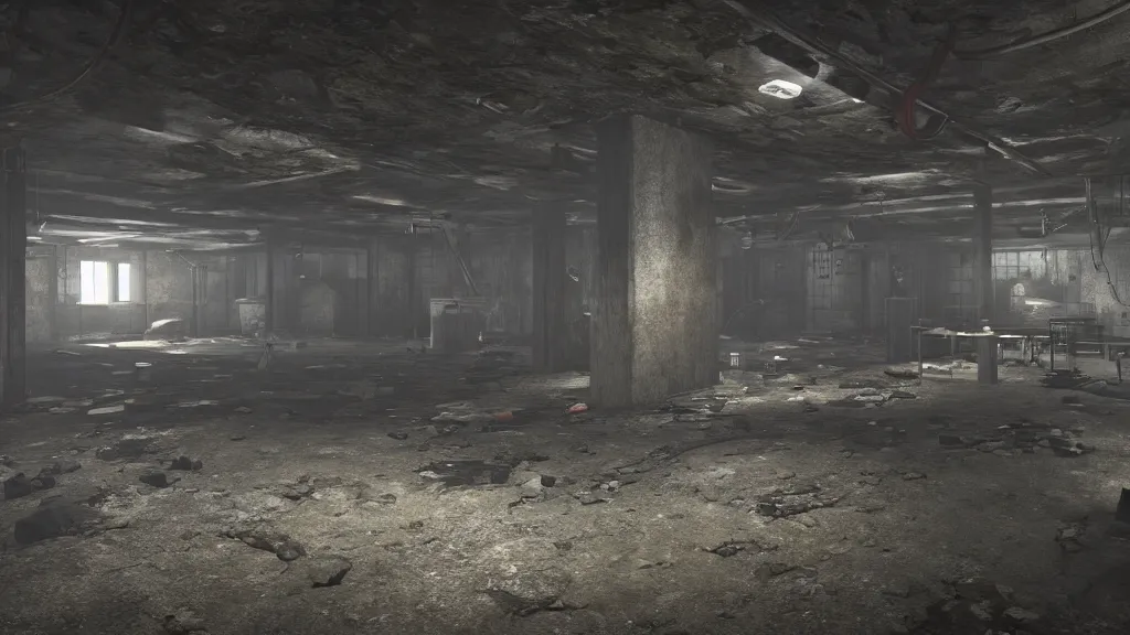 Prompt: a dark ransacked underground laboratory, photorealistic, cryengine 8 k uhd