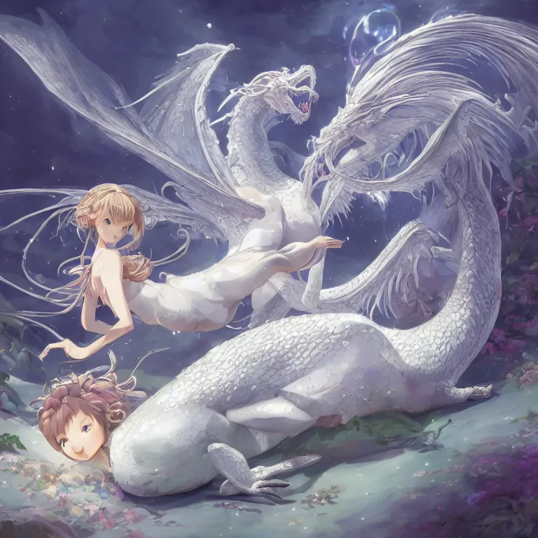 Image similar to a hyper detailed big render that beautiful princess lie on the ground be surrounded in the white clouds fairyland center by a huge silver white dragon, finely detailed angelic face, style of studio ghibli, makoto shinkai, xision, ilya kuvshinov and artgerm, kazuki tanahashi, james jean, animation style, golden curve composition, telephoto lens