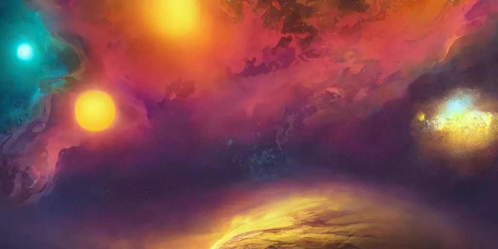 Image similar to a detailed matte painting of a marble - like water planet with continents orbiting a yellow sun in a sea of stars surrounded by colorful swirling gas clouds, by petros afshar, jessica rossier and alena aenami, trending on artstation, deviantart, planet, clouds, earth, exoplanet, stars, nubulae hubble, 8 k, 4 k