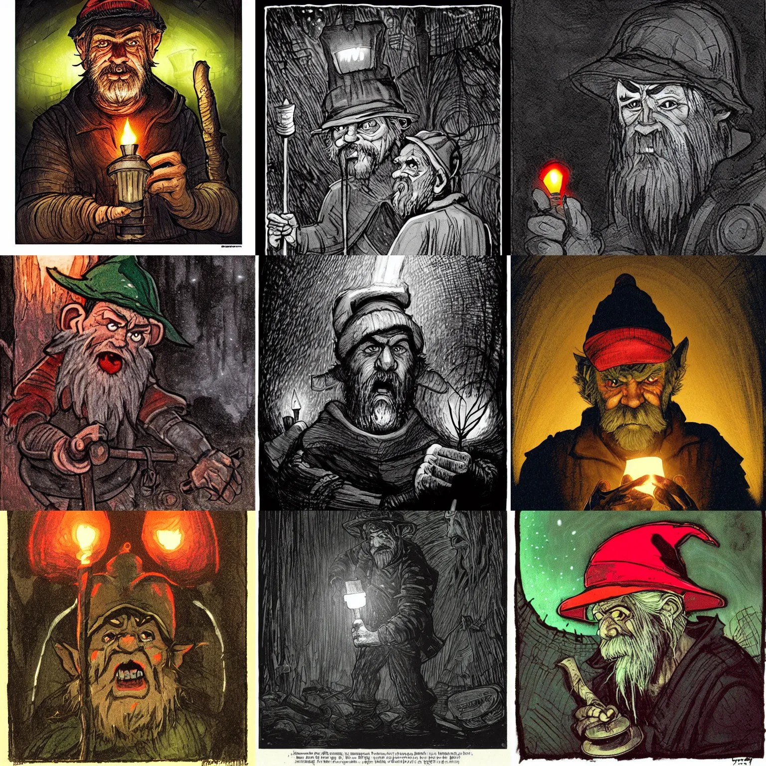 Prompt: an angry, grimy, dirty, grumpy [ old ], miner elf ( with red hat and a glowing latern ) in a pitch black mine, looks into the camera. angry kubrick stare, low key lighting, high contrast, faux painting, fairy tale illustration, character concept art by ivan bilibin, inspired by excalibur ( 1 9 8 1 )