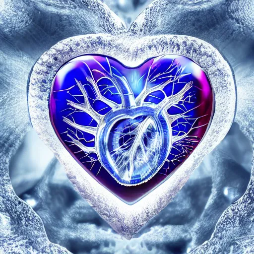 Prompt: crystal cave with large transparent crystals forming a human heart, intricate details, 3 d occlusion, blue on transparency on silver, heart